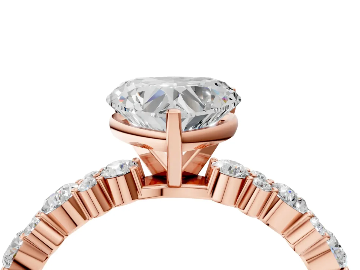 Heart Cut Diamond Side Stone Solitaire Ring with Round Moissanite and Four-Prong Setting Rose gold