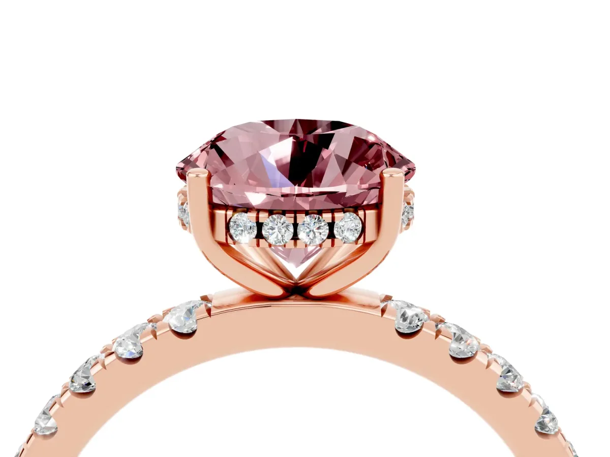 Round Cut Morganite Pave Band Solitaire Ring with Round and Prong Setting Rose gold