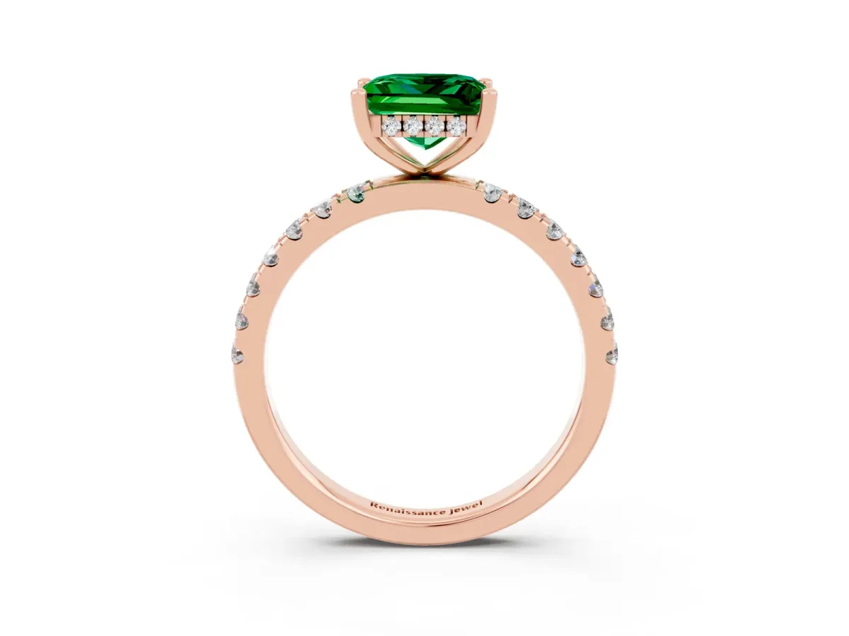Princess Cut Emerald Pave Band Solitaire Ring with Round and Prong Setting Rose gold
