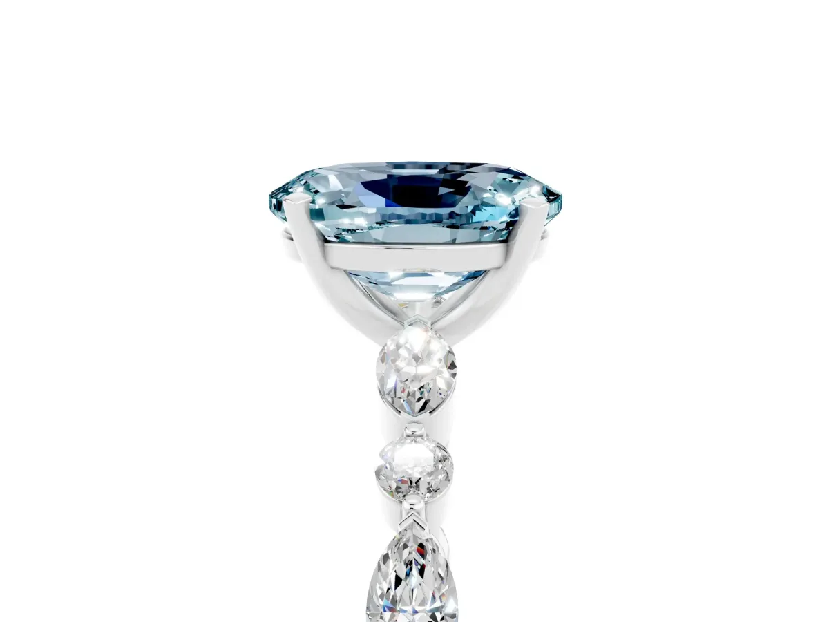 Oval Cut Aquamarine Ring with Marquise and Round Side Stones and Four-Prong Setting Silver