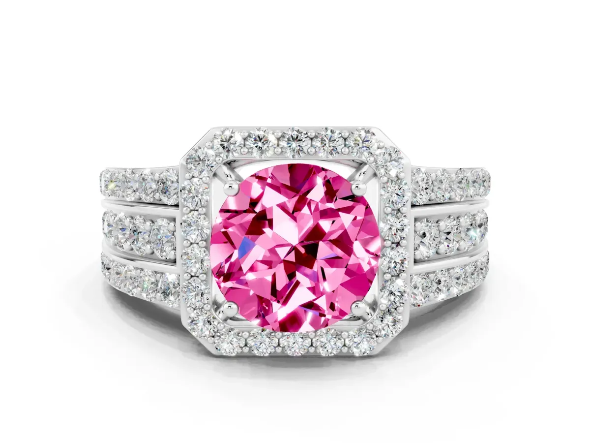 Round Cut Halo Pink Sapphire Ring with Round Split Shank and Prong Setting White gold