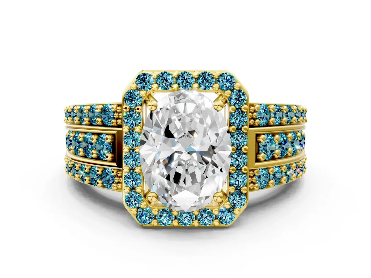 Oval Cut Halo Diamond Ring with Round Blue Topaz Split Shank and Prong Setting Yellow gold