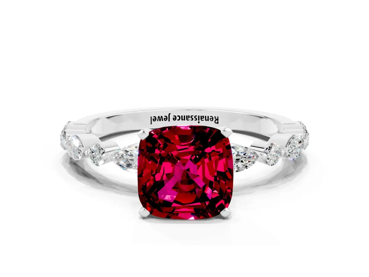Cushion Cut Garnet Ring with Marquise and Round Side Stones and Four-Prong Setting Platinum