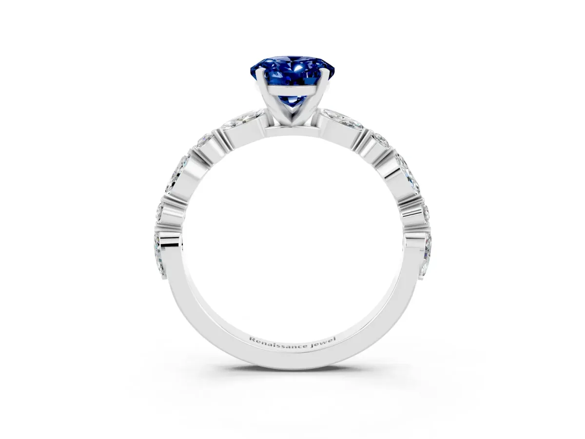 Oval Cut Blue Sapphire Ring with Marquise and Round Side Stones and Four-Prong Setting Silver