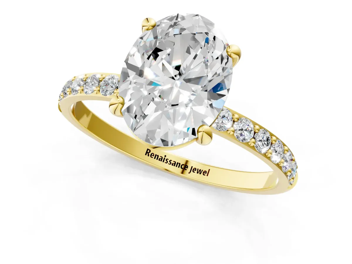 Oval Cut Diamond Solitaire Ring with Round Moissanite Pavé Band and Prong Setting Yellow gold