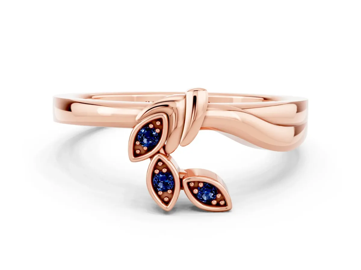 Three-Stone Round Blue Sapphire Leaf Bypass Ring with Bezel Setting Rose gold