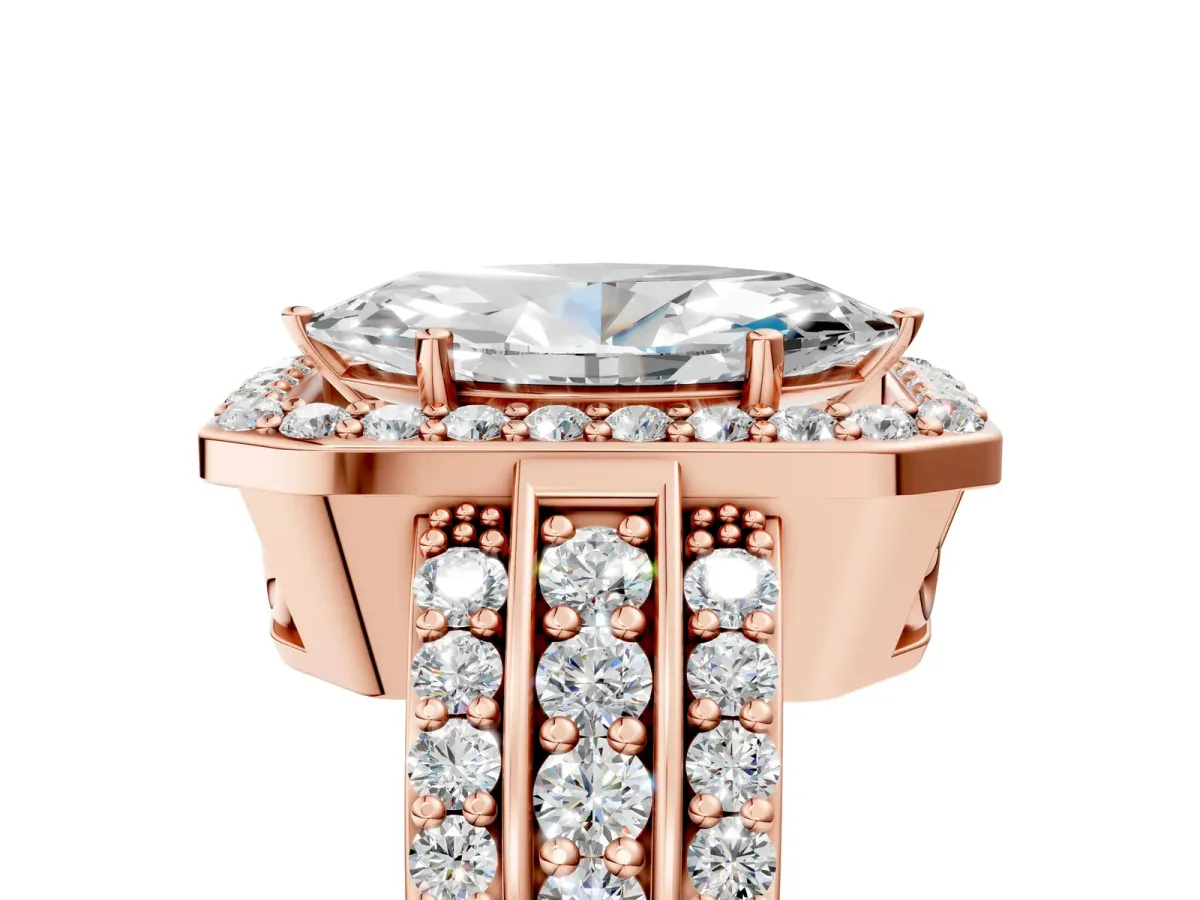 Marquise Cut Halo Diamond Ring with Round Split Shank and Prong Setting Rose gold