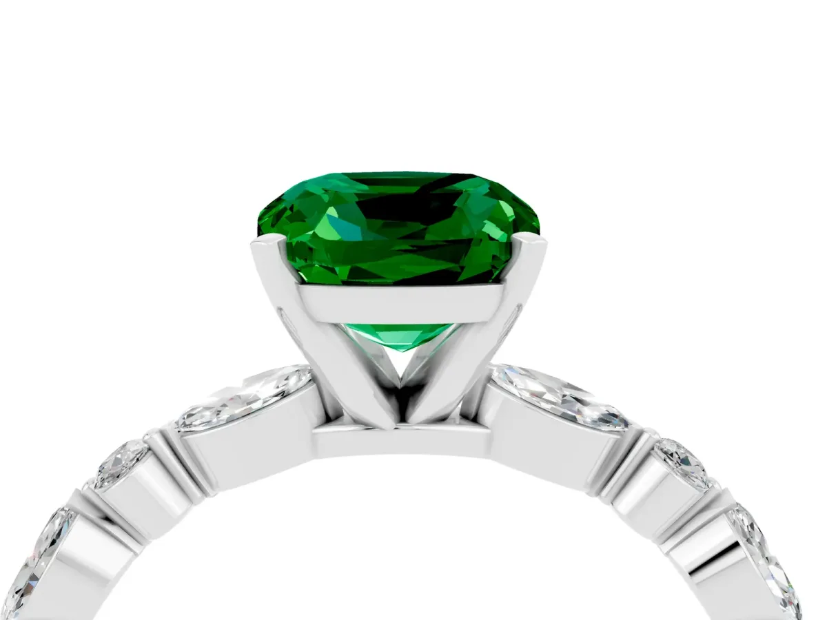 Cushion Cut Emerald Ring with Marquise and Round Side Stones and Four-Prong Setting White gold