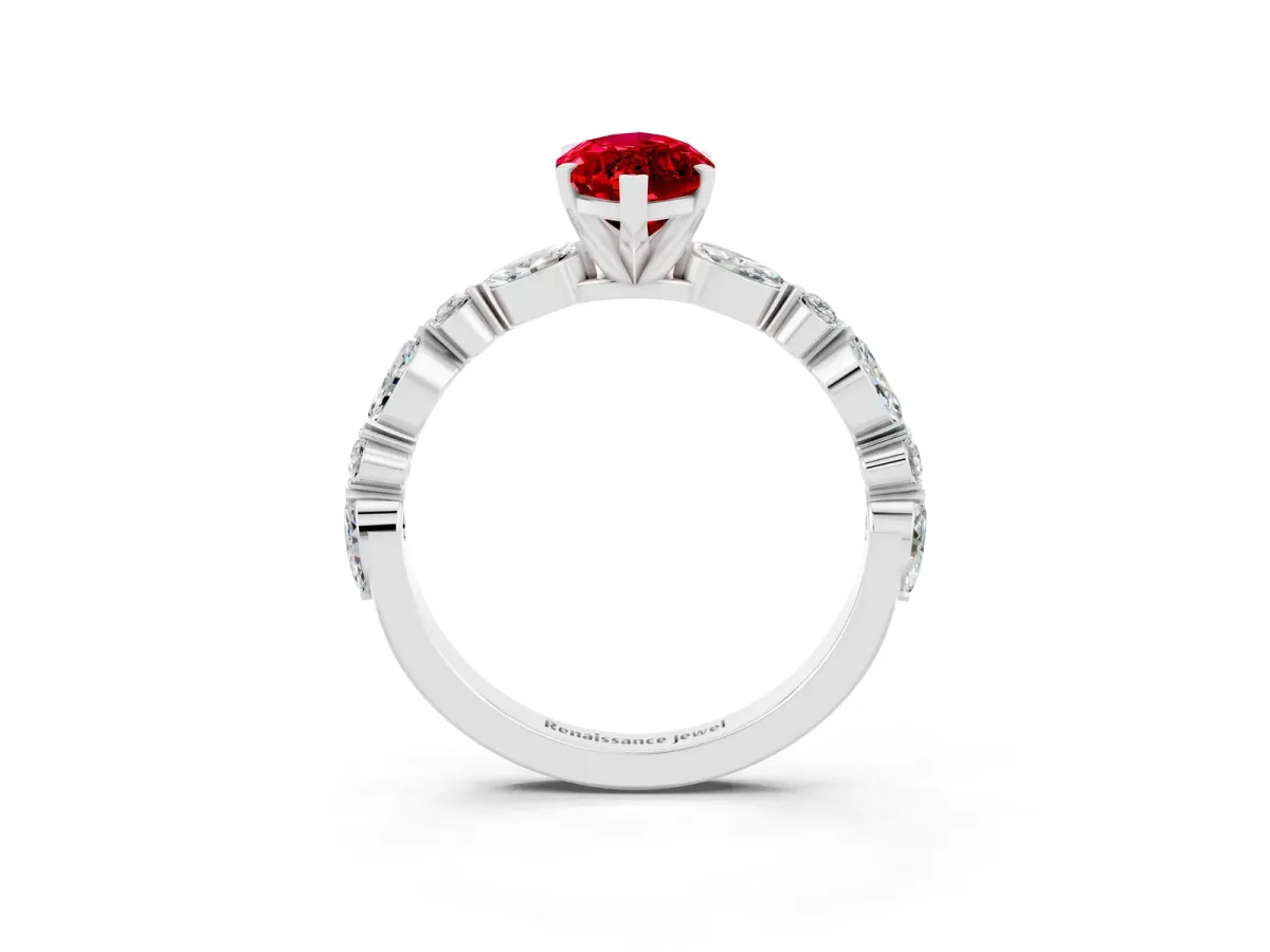Marquise Cut Ruby Ring with Marquise and Round Side Stones and Four-Prong Setting Silver