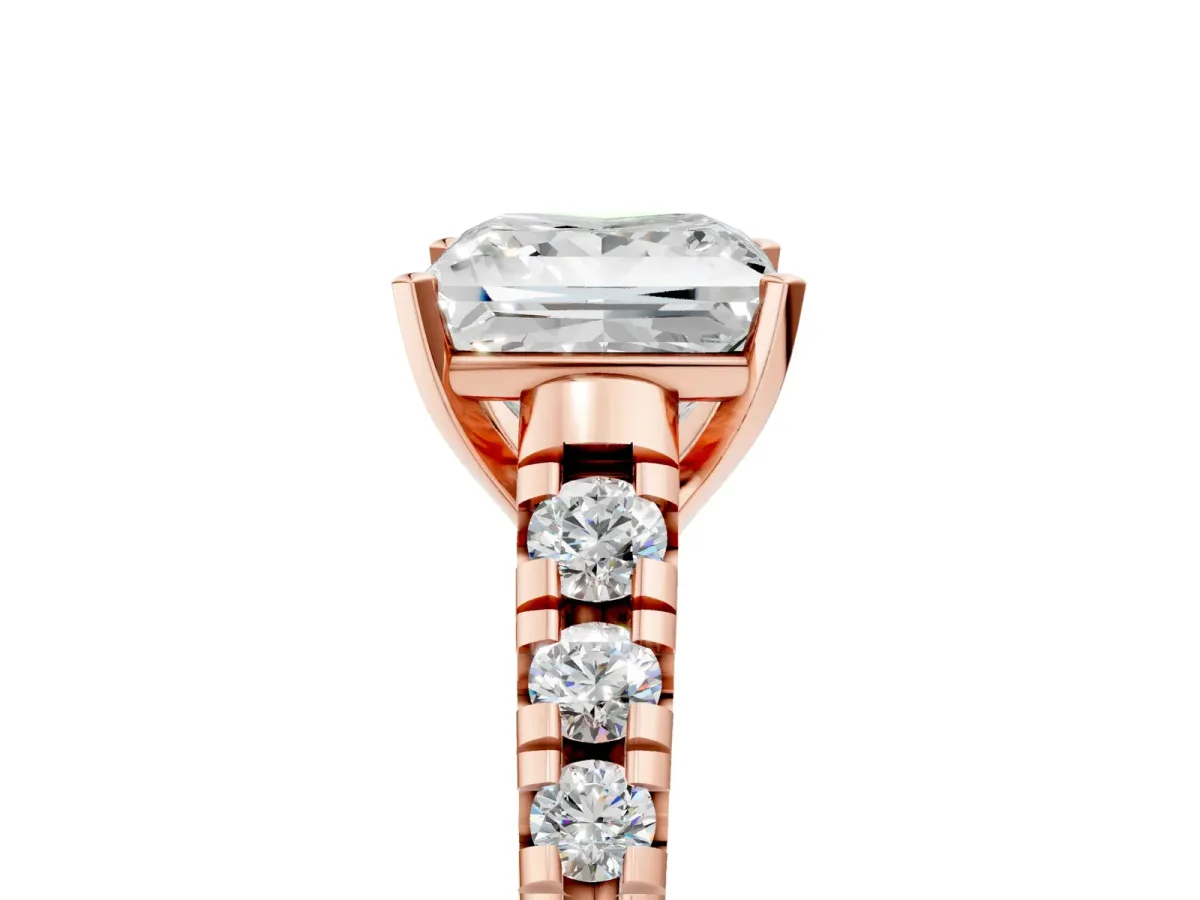 Princess Cut Diamond Cathedral Solitaire Ring with Round Pavé Band Rose gold