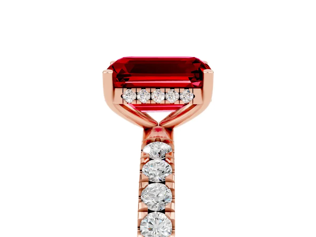 Emerald Cut Ruby Pave Band Solitaire Ring with Round and Prong Setting Rose gold