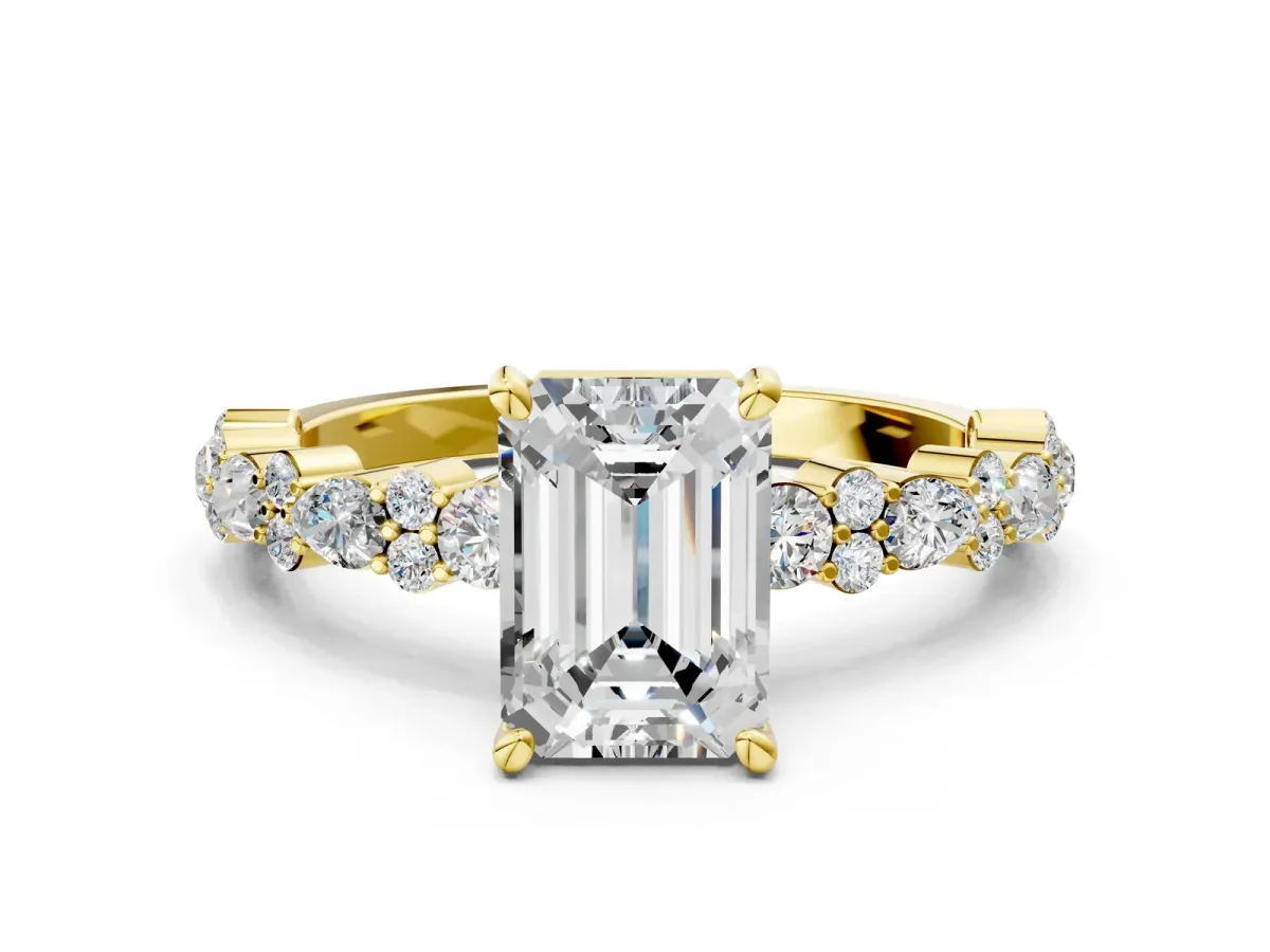 Emerald Cut Diamond Side Stone Solitaire Ring with Round Moissanite and Four-Prong Setting Yellow gold