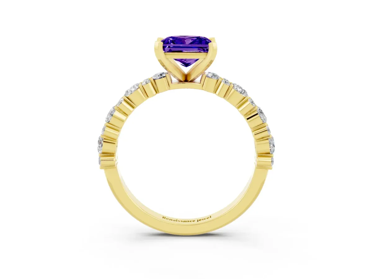 Princess Cut Tanzanite Side Stone Solitaire Ring with Round and Four-Prong Setting Yellow gold