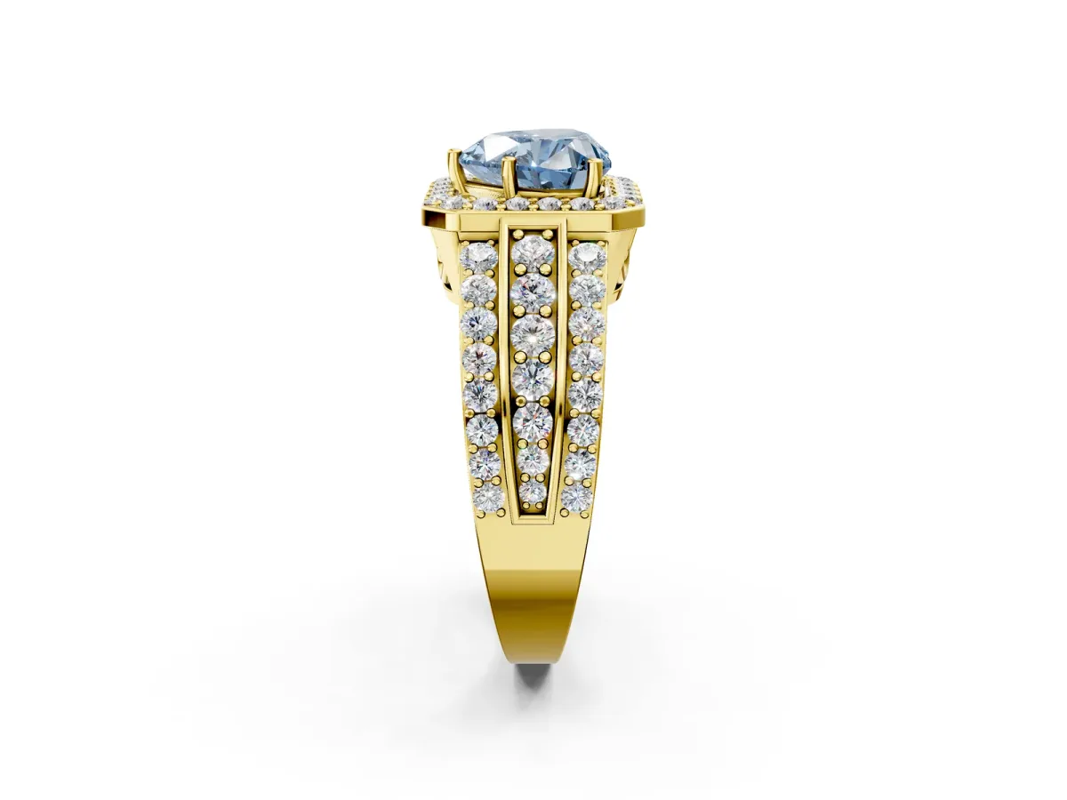 Fancy Blue Heart Cut Halo Diamond Ring with Round Split Shank and Prong Setting Yellow gold