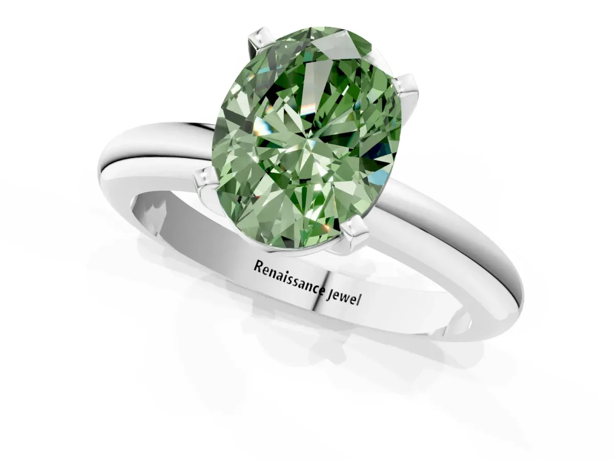 Fancy Green Oval Cut Diamond Solitaire Engagement Ring with Round Band and Four-Prong Setting Silver