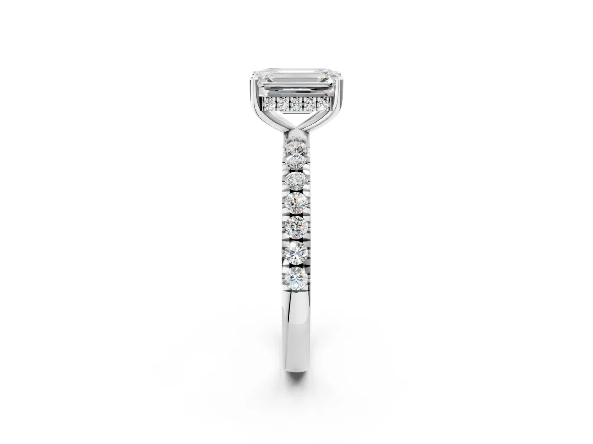 Emerald Cut Diamond Pave Band Solitaire Ring with Round and Prong Setting Platinum