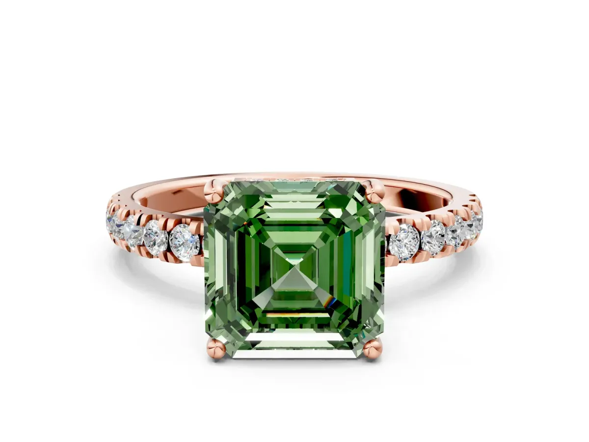 Fancy Green Asscher Cut Diamond Pave Band Solitaire Ring with Round and Prong Setting Rose gold