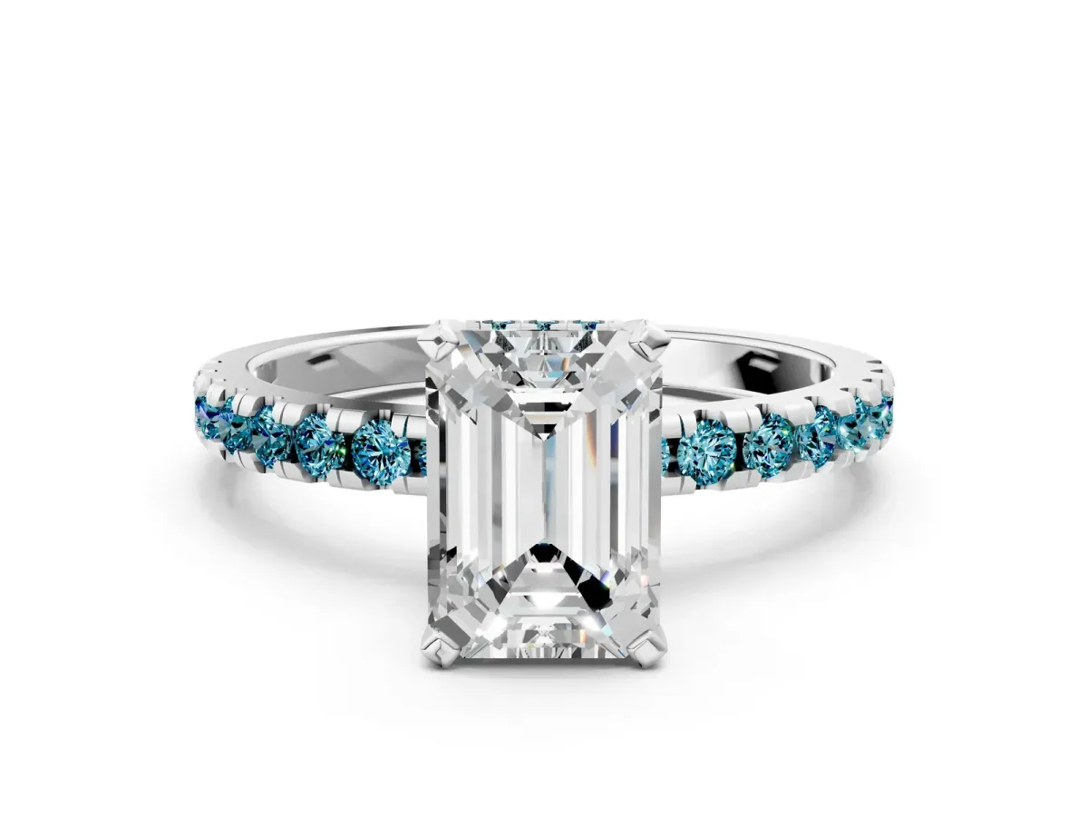 Emerald Cut Diamond Solitaire Ring with Round Blue Topaz Pavé Band and Four-Prong Setting Silver