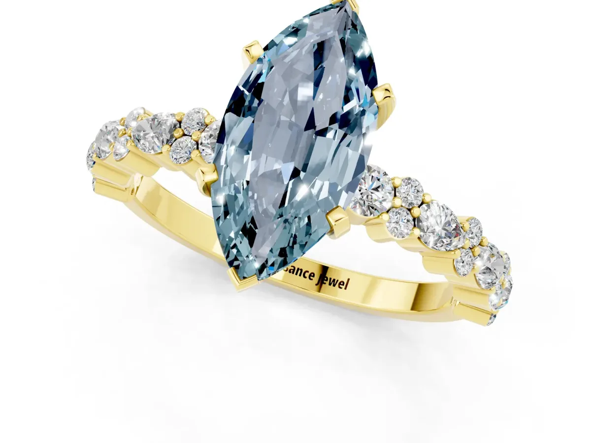 Marquise Cut Aquamarine Side Stone Solitaire Ring with Round and Four-Prong Setting Yellow gold