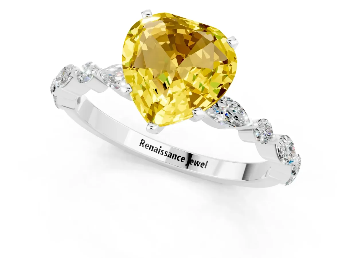 Heart Cut Yellow Sapphire Ring with Marquise and Round Side Stones and Four-Prong Setting Platinum