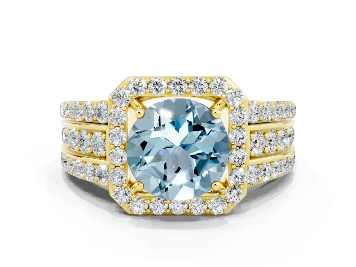 Round Cut Halo Aquamarine Ring with Round Split Shank and Prong Setting Yellow gold