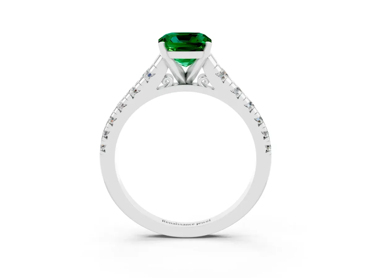 Cushion Cut Emerald Cathedral Solitaire Ring with Round Pavé Band Platinum