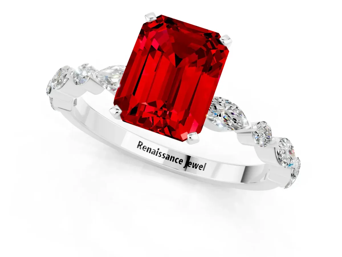 Emerald Cut Ruby Ring with Marquise and Round Side Stones and Four-Prong Setting Silver