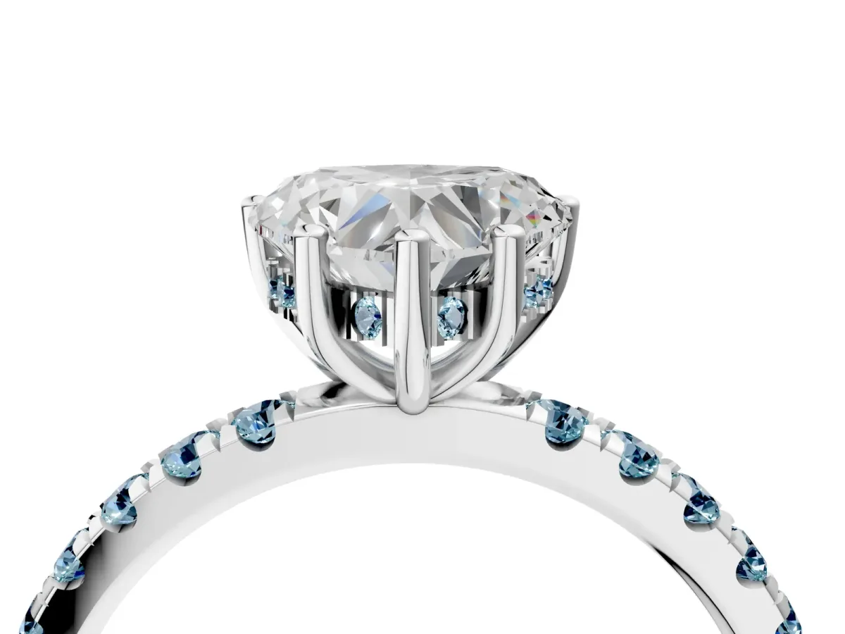 Heart Cut Diamond Pave Band Solitaire Ring with Round Aquamarine and Prong Setting Silver