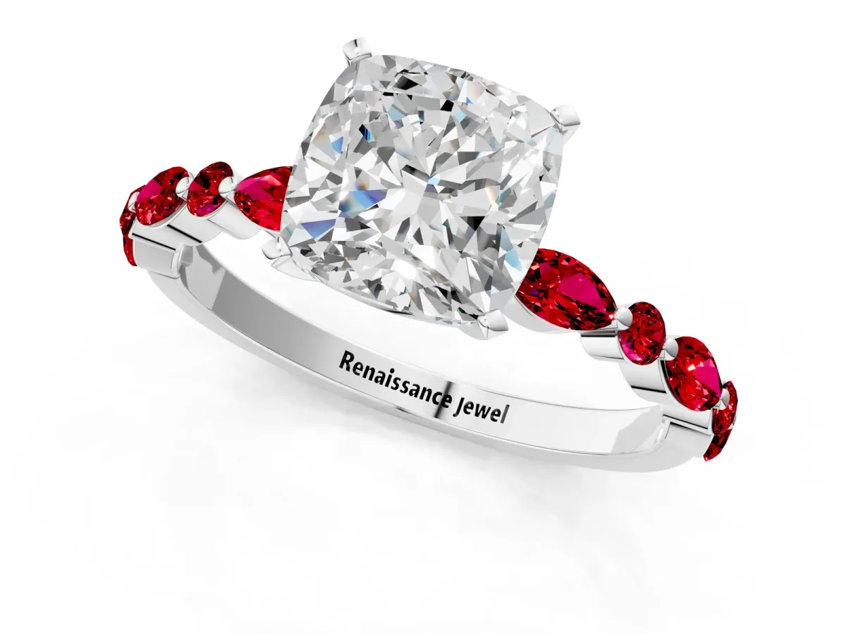 Cushion Cut Diamond Ring with Marquise and Round Ruby Side Stones and Four-Prong Setting Silver