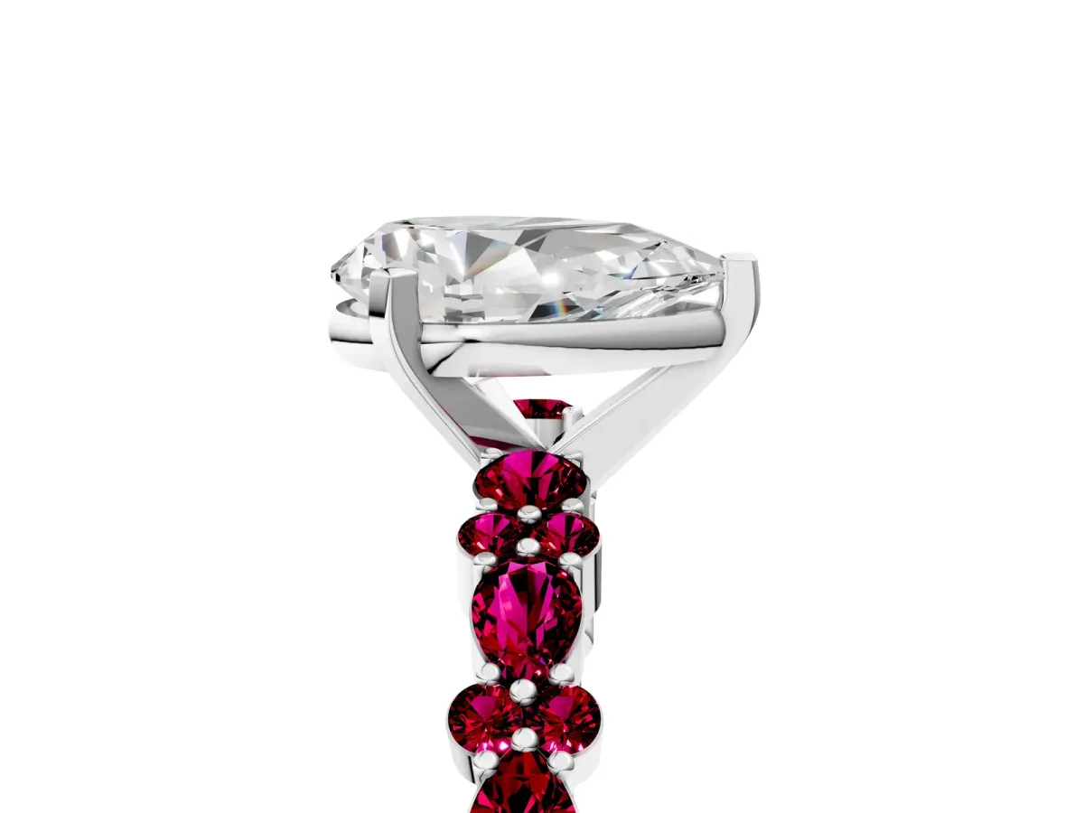 Pear Cut Diamond Side Stone Solitaire Ring with Round Garnet and Four-Prong Setting White gold
