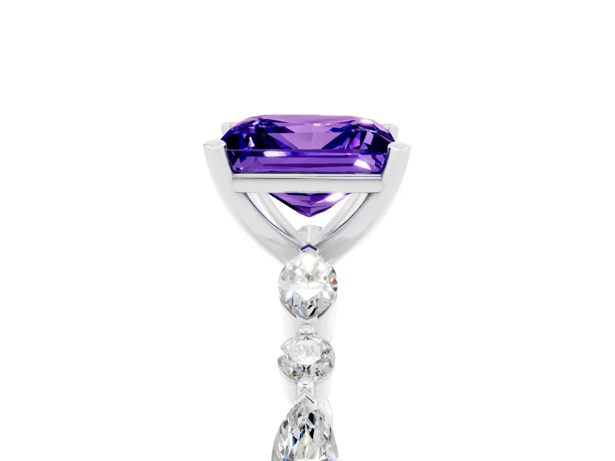 Princess Cut Tanzanite Ring with Marquise and Round Side Stones and Four-Prong Setting Silver