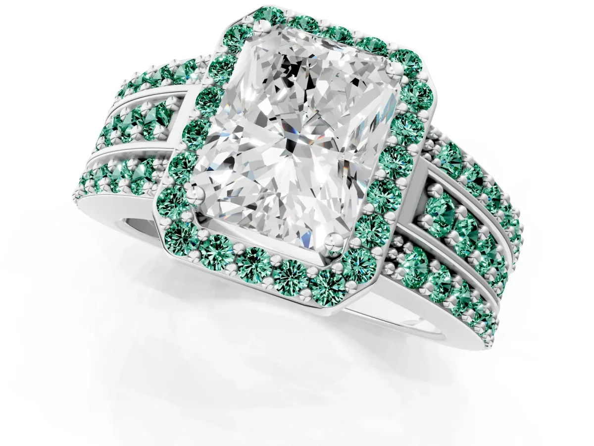 Radiant Cut Halo Diamond Ring with Round Green Sapphire Split Shank and Prong Setting Platinum