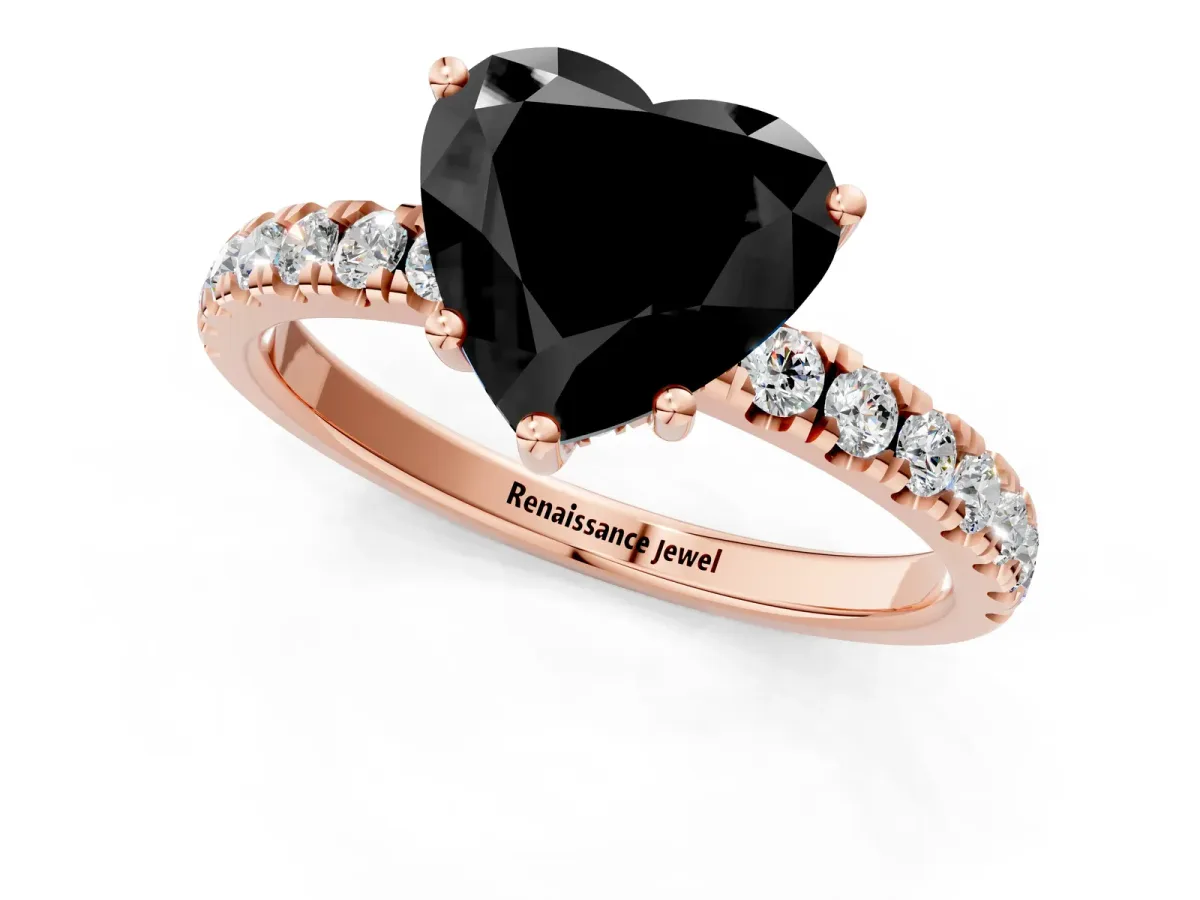 Fancy Black Heart Cut Diamond Pave Band Solitaire Ring with Round and Prong Setting Rose gold