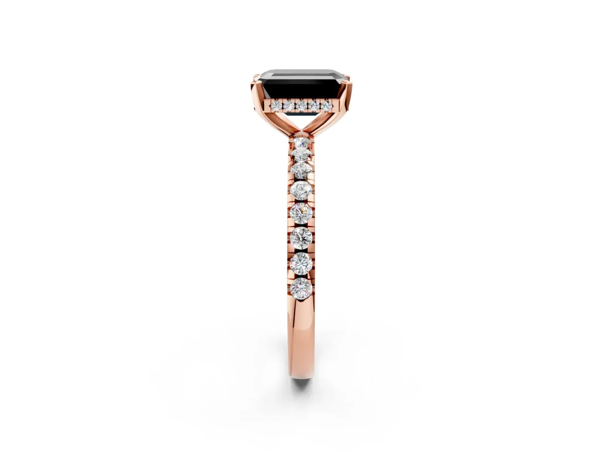 Fancy Black Emerald Cut Diamond Solitaire Ring with Round Pavé Band and Four-Prong Setting Rose gold