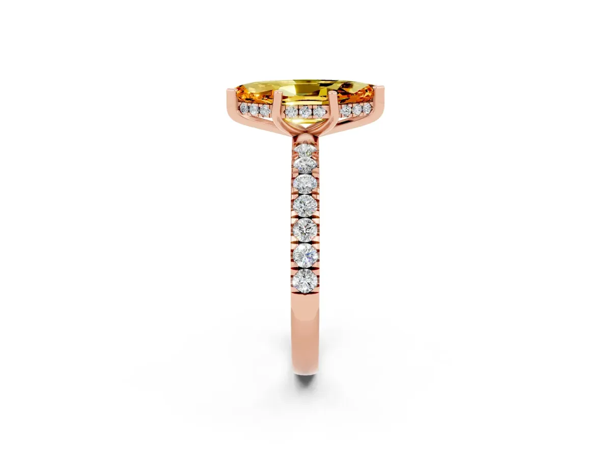 Marquise Cut Citrine Pave Band Solitaire Ring with Round and Prong Setting Rose gold