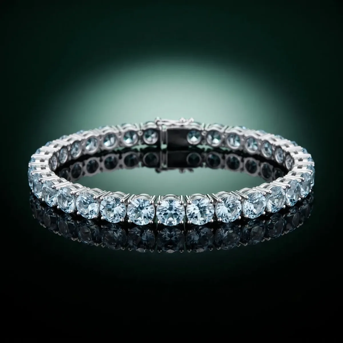 Round Brilliant Aquamarine Tennis Bracelet with Prong Setting Silver