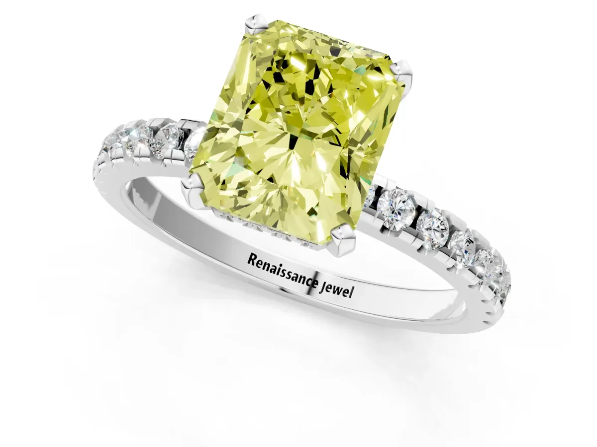 Fancy Yellow Radiant Cut Diamond Solitaire Ring with Round Pavé Band and Four-Prong Setting Silver