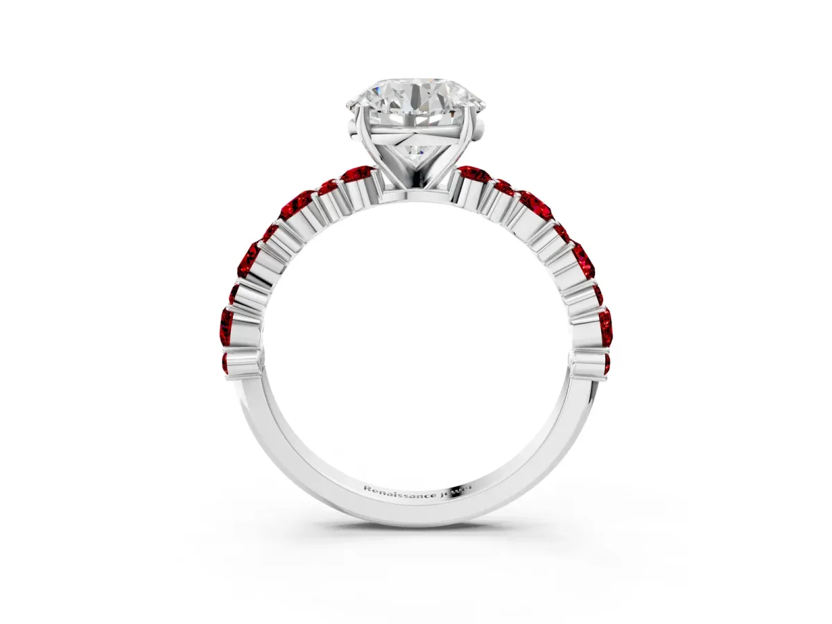 Round Cut Diamond Side Stone Solitaire Ring with Round Tanzanite and Four-Prong Setting Silver