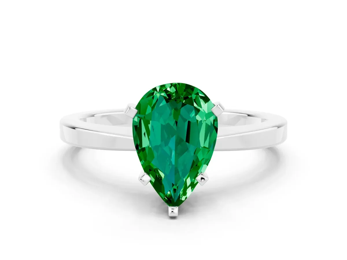 Pear Cut Emerald Solitaire Engagement Ring with Classic Band and Four-Prong Setting Platinum