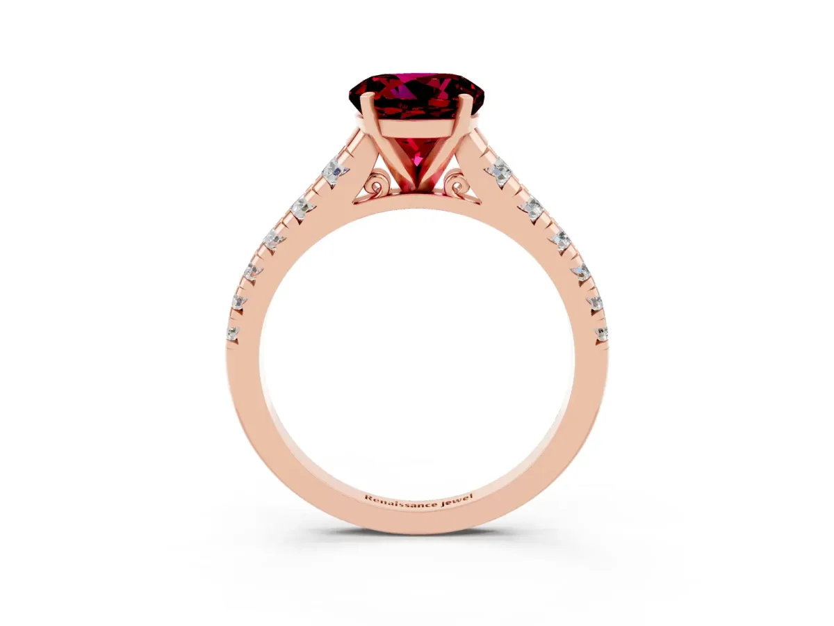 Round Cut Garnet Cathedral Solitaire Ring with Round Pavé Band Rose gold