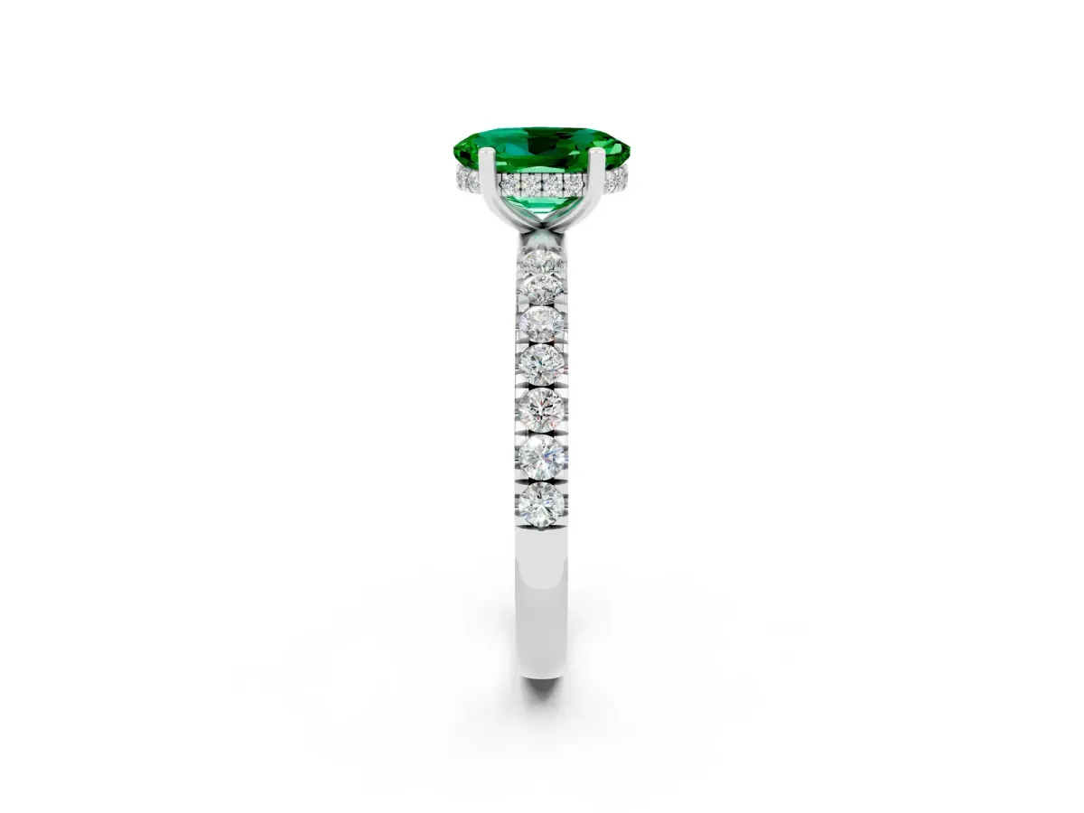 Oval Cut Emerald Pave Band Solitaire Ring with Round and Prong Setting Silver