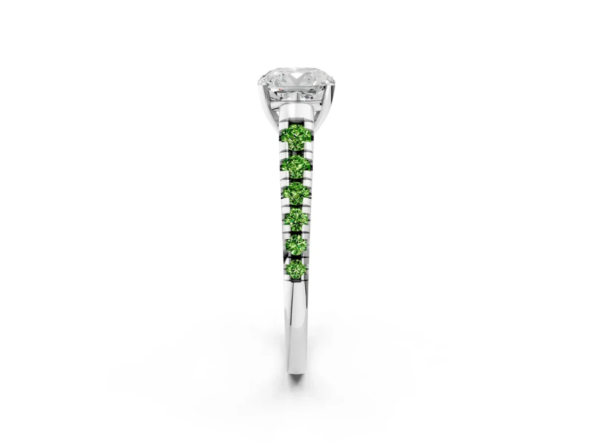 Cushion Cut Diamond Cathedral Solitaire Ring with Round Peridot Pavé Band Silver