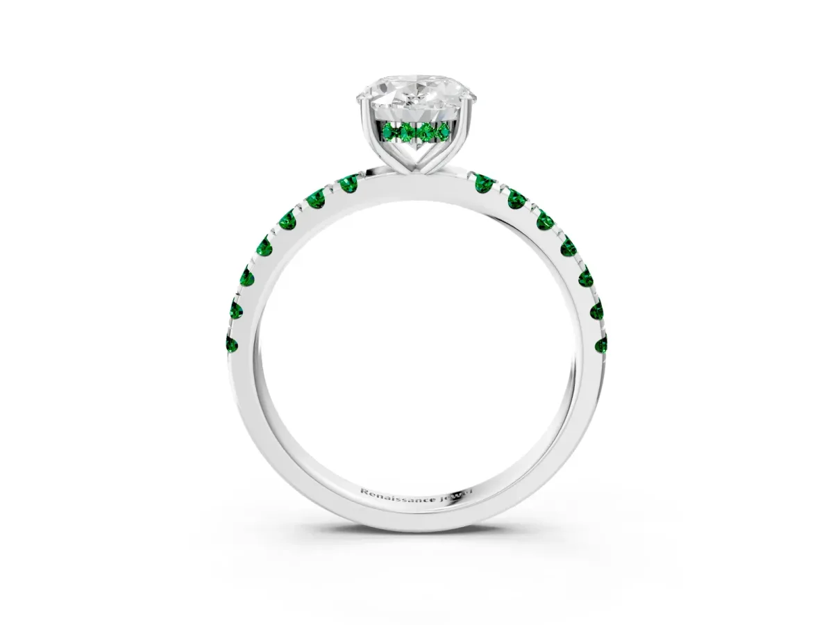 Oval Cut Diamond Pave Band Solitaire Ring with Round Emerald and Prong Setting White gold