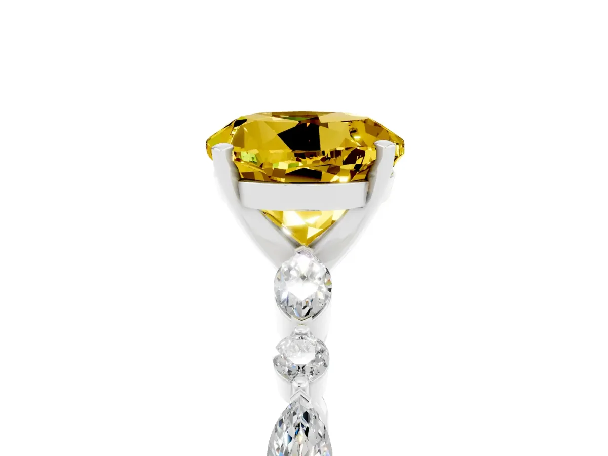 Round Cut Yellow Sapphire Ring with Marquise and Round Side Stones and Four-Prong Setting Silver