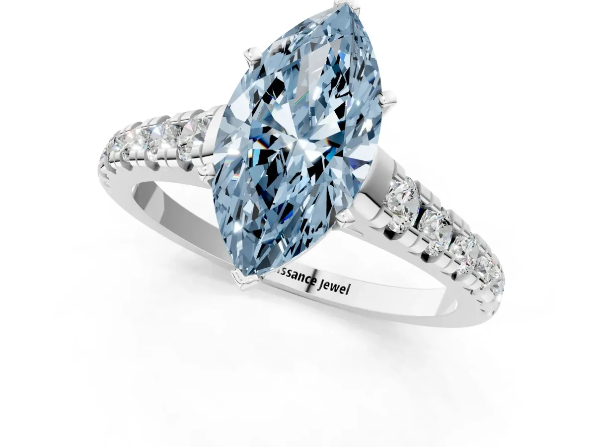 Fancy Blue Marquise Cut Diamond Cathedral Solitaire Ring with Round Pavé Band Platinum