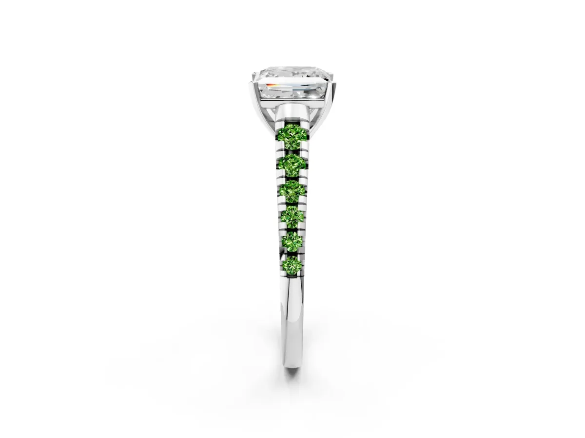 Princess Cut Diamond Cathedral Solitaire Ring with Round Peridot Pavé Band Platinum