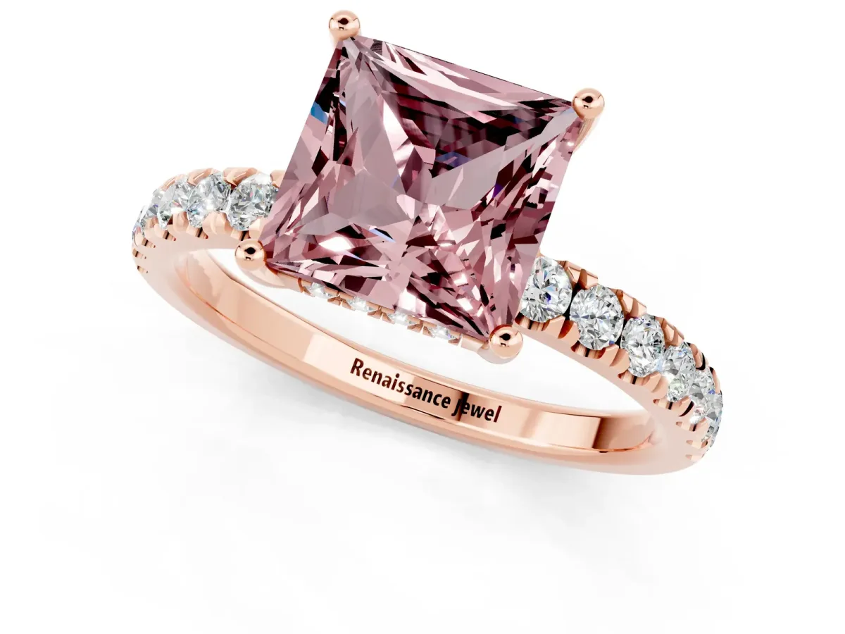 Princess Cut Morganite Pave Band Solitaire Ring with Round and Prong Setting Rose gold