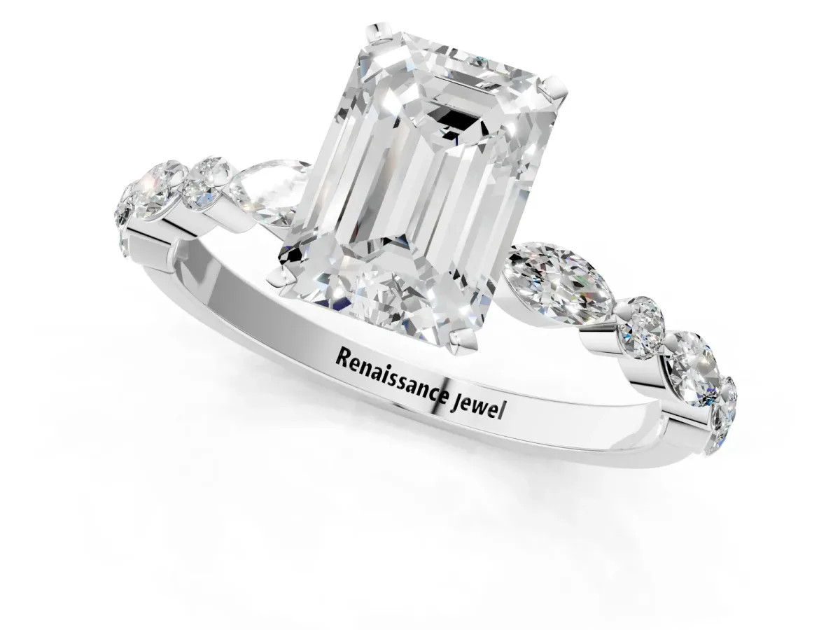 Emerald Cut Diamond Ring with Marquise and Round Side Stones and Four-Prong Setting Silver