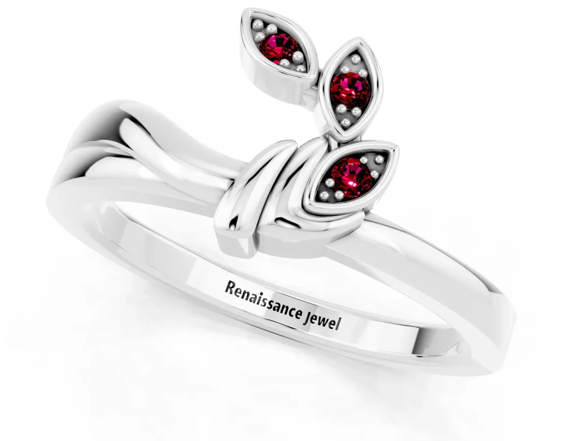 Three-Stone Round Garnet Leaf Bypass Ring with Bezel Setting Silver