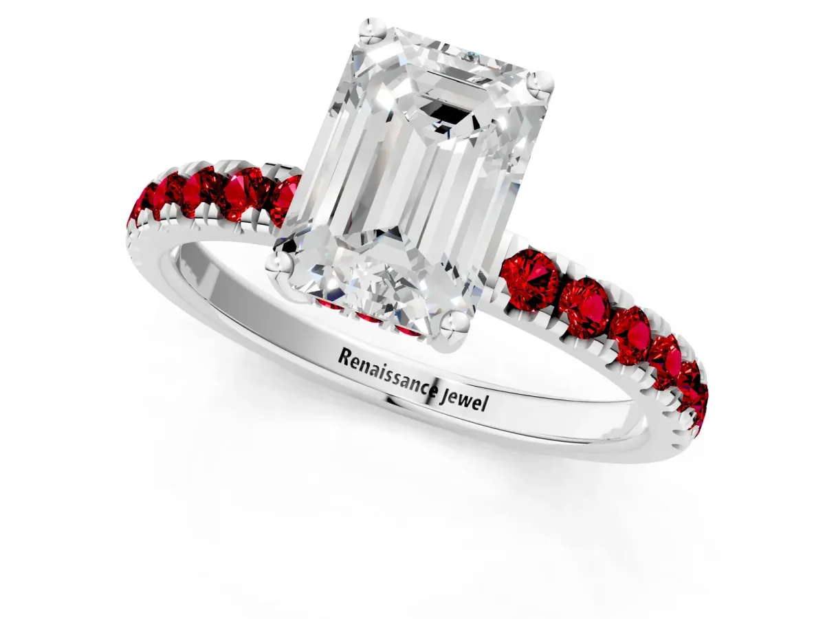Emerald Cut Diamond Pave Band Solitaire Ring with Round Ruby and Prong Setting Platinum